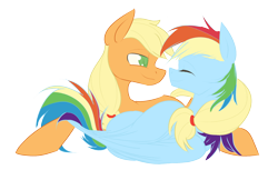 Size: 2894x1774 | Tagged: safe, artist:waterferret, derpibooru import, applejack, rainbow dash, earth pony, pegasus, pony, appledash, cuddling, female, lesbian, prone, shipping, simple background, snuggling, transparent background