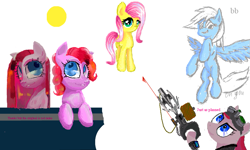 Size: 801x481 | Tagged: safe, derpibooru import, fluttershy, pinkie pie, rainbow dash, earth pony, pegasus, pony, flockdraw, pinkamena diane pie, weapon