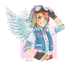 Size: 1024x849 | Tagged: dead source, safe, artist:viviennecorner, derpibooru import, rainbow dash, human, 20% cooler, bandaid, belt buckle, clothes, cutie mark, element of loyalty, fingerless gloves, gloves, goggles, grin, humanized, jacket, letterman jacket, pin, simple background, solo, white background, winged humanization