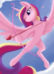 Size: 1825x2481 | Tagged: safe, artist:dusthiel, princess cadance, alicorn, pony, arrow, bow (weapon), cloud, cupid, cupidance, cute, cutedance, female, flying, heart, hoof hold, mare, one eye closed, princess of love, sky, solo, wings