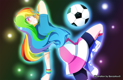 Size: 1725x1124 | Tagged: safe, artist:banzatou, derpibooru import, rainbow dash, human, equestria girls, ball, boots, clothes, female, football, humanized, looking at you, shirt, shoes, skirt, smiling, solo, wristband