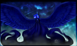 Size: 3162x1897 | Tagged: safe, artist:jinagrey119, princess luna, alicorn, pony, a hearth's warming tail, cloud, female, impossibly large wings, luna's future, mare, night, shooting star, sky, solo, spread wings, wings