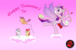 Size: 2200x1463 | Tagged: safe, artist:darkprinceismyname, apple bloom, princess cadance, scootaloo, sweetie belle, alicorn, pegasus, pony, alicornified, cupid, cupidance, cutie mark crusaders, female, filly, flapple bloom, foal, mare, pink background, pink sky, princess of love, race swap, scootaloo can fly, simple background, sweetiecorn, wings