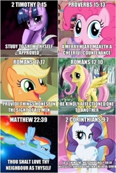 Size: 349x524 | Tagged: safe, derpibooru import, applejack, fluttershy, pinkie pie, rainbow dash, rarity, twilight sparkle, earth pony, pegasus, pony, unicorn, bible, mane six, religion, text