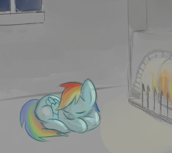 Size: 2332x2084 | Tagged: safe, artist:owlnon, derpibooru import, rainbow dash, pegasus, pony, /mlp/, 4chan, curled up, fireplace, sleeping, solo