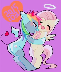 Size: 1240x1453 | Tagged: safe, artist:yam, derpibooru import, fluttershy, rainbow dash, angel, pegasus, pony, devil, female, flutterdash, frankenpony, lesbian, monster mare, shipping