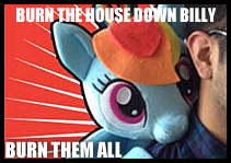 Size: 211x149 | Tagged: safe, rainbow dash, pegasus, pony, blue coat, female, image macro, insanity, mare, multicolored mane, plushie, solo