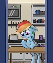 Size: 1669x2000 | Tagged: safe, artist:shikogo, derpibooru import, rainbow dash, pegasus, pony, blushing, food, kitchen, potato, solo