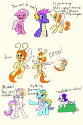 Size: 800x1200 | Tagged: safe, artist:hyhtgifa, daffidazey, master kenbroath gilspotten heathspike, pinkie pie (g3), rainbow dash, rainbow dash (g3), rarity, spike, zipzee, breezie, dragon, pony, unicorn, g3, clothes, glasses, rainbow dash always dresses in style, scarf, sneezing, text