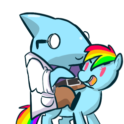 Size: 500x500 | Tagged: safe, artist:mt, rainbow dash, pegasus, pony, shark, crossover, riding, scientist, skullgirls, stanley whitefin