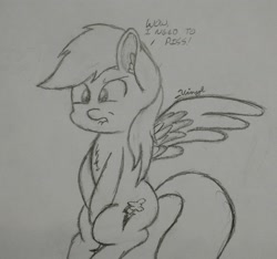 Size: 2500x2340 | Tagged: safe, artist:_vinyl, derpibooru import, rainbow dash, pegasus, pony, covering crotch, monochrome, need to pee, omorashi, potty dance, potty emergency, potty time, sketch, solo, traditional art, trotting in place, vulgar