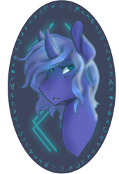 Size: 812x1189 | Tagged: safe, artist:smolgrumpyscotswoman, part of a set, princess luna, alicorn, pony, bust, curved horn, female, mare, runes, s1 luna, sidemouth, simple background, solo, white background