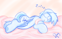 Size: 1200x748 | Tagged: safe, artist:amazin-a, rainbow dash, pegasus, pony, blue coat, female, mare, multicolored mane, sleeping, solo