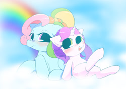 Size: 1200x850 | Tagged: safe, artist:monon0, derpibooru import, rainbow dash, sweetie belle, pegasus, pony, g3.5, cloud, cute, pixiv, rainbow