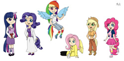 Size: 900x442 | Tagged: safe, artist:artsyalchemist, derpibooru import, applejack, fluttershy, pinkie pie, rainbow dash, rarity, twilight sparkle, belly button, clothes, converse, front knot midriff, horned humanization, humanized, midriff, skirt, tailed humanization, winged humanization