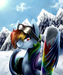 Size: 1000x1200 | Tagged: safe, artist:yummiestseven65, derpibooru import, rainbow dash, pegasus, pony, goggles, helmet, mountain, snow, snowboard, solo