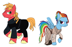 Size: 710x472 | Tagged: safe, artist:karmadash, derpibooru import, big macintosh, rainbow dash, pegasus, pony, clothes, colour sketch, cosplay, costume, crossover, female, kylo ren, male, rainbowmac, rey, reylo, shipping, sketch, star wars, star wars: the force awakens, straight