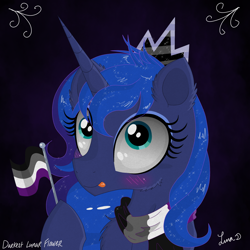 Size: 3500x3500 | Tagged: safe, artist:darkest-lunar-flower, princess luna, alicorn, pony, :p, alternate universe, asexual, asexual pride flag, blushing, bust, cheek fluff, chest fluff, clothes, crown, cute, ear fluff, female, flag, fluffy, gradient background, hoof hold, jewelry, lunabetes, mare, messy mane, missing accessory, portrait, pride, pride month, regalia, scarf, silly, sitting, smiling, sparkles, tiara, tongue out, tumblr, wide eyes