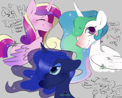 Size: 1280x1024 | Tagged: safe, artist:incubugs, princess cadance, princess celestia, princess luna, twilight sparkle, twilight sparkle (alicorn), alicorn, pony, blushing, female, heart eyes, lesbian, shipping, sunshine sunshine, true love princesses, twidance, twilestia, twiluna, twilunestiance, wingding eyes