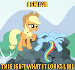 Size: 500x463 | Tagged: safe, derpibooru import, edit, edited screencap, screencap, applejack, rainbow dash, earth pony, pegasus, pony, spike at your service, female, image macro, mare, on back, out of context