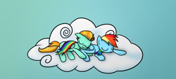 Size: 1328x601 | Tagged: safe, artist:10art1, lightning dust, rainbow dash, pegasus, pony, cloud, sleeping