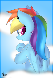 Size: 1280x1865 | Tagged: safe, artist:vivofortissimo, derpibooru import, rainbow dash, pegasus, pony, cloud, colored pupils, ear piercing, female, piercing, sky, smiling, solo