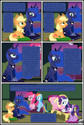 Size: 3254x4837 | Tagged: safe, artist:gutovi, applejack, fluttershy, pinkie pie, princess luna, rainbow dash, rarity, twilight sparkle, twilight sparkle (alicorn), alicorn, earth pony, pegasus, pony, unicorn, comic:why me!?, bed, broken window, comic, cushion, mane six, mare in the moon, moon, sofa