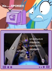 Size: 562x772 | Tagged: safe, rainbow dash, pegasus, pony, exploitable meme, hub logo, meme, minus one, obligatory pony, soundwave (transformers), transformers, transformers prime, tv meme