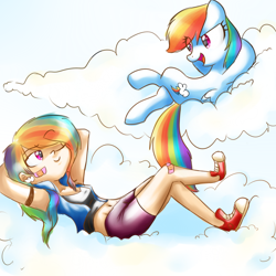 Size: 1024x1024 | Tagged: safe, artist:cosmicponye, rainbow dash, bandaid, belly button, clothes, cloud, compression shorts, converse, human ponidox, humanized, midriff, on back, shoes