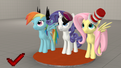 Size: 1920x1080 | Tagged: safe, artist:beardeddoomguy, derpibooru import, fluttershy, rainbow dash, rarity, pegasus, pony, unicorn, .zip file at source, 3d, dr's dapper topper, elements of insanity, gmod, hat, rainbine ears, source filmmaker, team captain