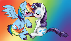 Size: 1989x1150 | Tagged: safe, artist:zeldacourage, rainbow dash, rarity, pegasus, pony, unicorn, blushing, female, fluffy, lesbian, pocky, raridash, shipping, unshorn fetlocks, wingboner