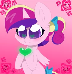 Size: 3488x3608 | Tagged: safe, artist:kittyrosie, princess cadance, alicorn, pony, blushing, cute, cutedance, female, green heart, heart, smiling, solo, younger