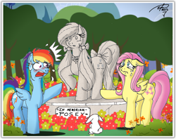 Size: 2631x2087 | Tagged: safe, artist:egstudiomexico, angel bunny, fluttershy, posey, rainbow dash, pegasus, pony, g1, crying, fanfic, g1 to g4, generation leap, harsher in hindsight, statue