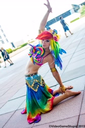 Size: 3456x5184 | Tagged: safe, artist:cosplayhazard, artist:videogamestupid, derpibooru import, rainbow dash, human, armpits, barefoot, belly button, belly dancer, clothes, cosplay, costume, fake ears, fake wings, feet, female, irl, irl human, midriff, otakon, otakon 2015, photo, pose, solo