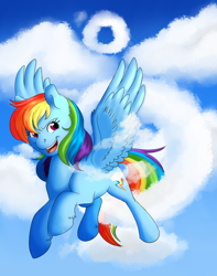 Size: 900x1145 | Tagged: safe, artist:roolosdoodleden, rainbow dash, pegasus, pony, cloud, cloudy, flying, solo