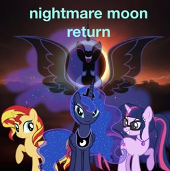 Size: 1525x1536 | Tagged: safe, artist:php77, editor:php77, nightmare moon, princess luna, sci-twi, sunset shimmer, twilight sparkle, alicorn, pony, 1000 years in photoshop, wallpaper