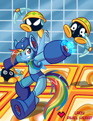 Size: 500x647 | Tagged: safe, artist:ladypixelheart, rainbow dash, pegasus, pony, semi-anthro, bipedal, capcom, crossover, megaman, megamare