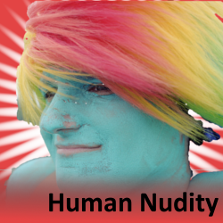 Size: 250x250 | Tagged: source needed, safe, rainbow dash, human, bodypaint, cosplay, human exhibitionism, human nudity, irl, irl human, photo, photographer needed, solo, solstice cyclists, spoilered image joke