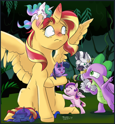 Size: 2228x2406 | Tagged: safe, artist:firimil, princess cadance, princess celestia, princess luna, spike, sunset shimmer, twilight sparkle, twilight sparkle (alicorn), zecora, alicorn, dragon, pony, age regression, alicornified, allergies, baby, baby pony, babylight sparkle, biting, cewestia, cute, cutedance, cutelestia, ear bite, female, filly, filly cadance, lunabetes, male, mare, oh crap, race swap, shimmercorn, swollen horn, twiabetes, winged spike, woona, younger