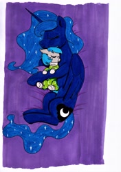 Size: 2462x3488 | Tagged: safe, artist:killerteddybear94, princess luna, oc, alicorn, bat pony, bat pony oc, clothes, cuddling, cute, cute little fangs, fangs, female, footed sleeper, maternaluna, pajamas, request, sleeping, smiling, snuggling, traditional art