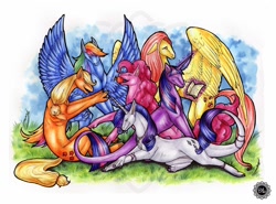 Size: 1200x886 | Tagged: safe, artist:dragonlovers, derpibooru import, applejack, fluttershy, pinkie pie, rainbow dash, rarity, twilight sparkle, dragon, dragonified, dragonjack, flutterdragon, mane six, pinkiedragon, rainbow dragon, raridragon, species swap, twilidragon