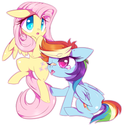 Size: 5906x5967 | Tagged: safe, artist:sorasku, derpibooru import, fluttershy, rainbow dash, pegasus, pony, absurd resolution, bandaid, female, flutterdash, hooves to the chest, lesbian, shipping, simple background, sitting, surprised, tongue out, transparent background