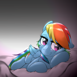 Size: 1000x1000 | Tagged: safe, artist:ushiro no kukan, derpibooru import, rainbow dash, pegasus, pony, bed, bedroom eyes, cute, dashabetes, on side, solo