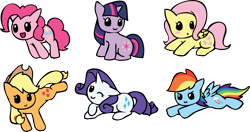 Size: 3758x1983 | Tagged: safe, artist:clawed-nyasu, derpibooru import, applejack, fluttershy, pinkie pie, rainbow dash, rarity, twilight sparkle, earth pony, pegasus, pony, unicorn, :o, blushing, bucking, c:, chibi, cute, floppy ears, looking at you, mane six, prone, simple background, sitting, smiling, smirk, transparent background