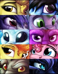 Size: 3000x3800 | Tagged: safe, artist:lupiarts, discord, dj pon-3, pinkie pie, princess luna, spike, spitfire, vinyl scratch, oc, alicorn, draconequus, dragon, earth pony, pegasus, pony, unicorn, crying, eyememe, female, glare, lidded eyes, looking at you, male, mare, nightmare luna, nose wrinkle, ori, ori and the blind forest, rain, raised eyebrow, sideways glance, spyro the dragon, wet