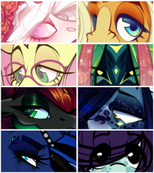 Size: 1701x1915 | Tagged: safe, artist:draw-draw-goose, fluttershy, princess luna, oc, alicorn, changeling, pegasus, pony, unicorn, changeling oc, eyememe, female, glasses, mare, punk luna