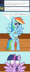 Size: 1170x2800 | Tagged: safe, artist:toonboy92484, rainbow dash, twilight sparkle, twilight sparkle (alicorn), alicorn, pegasus, pony, 2 panel comic, bikini, clothes, comic, eyepatch, female, lesbian, mare, nosebleed, pirate, pirate dash, pirateworm, rainbow dash bikini, shipping, swimsuit, tumblr, twidash, we don't normally wear clothes, wingboner