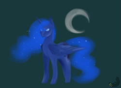 Size: 3507x2548 | Tagged: safe, artist:drutheredpanda, princess luna, alicorn, pony, crescent moon, female, mare, moon, night, signature, simple background, solo