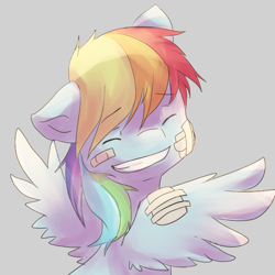 Size: 700x700 | Tagged: safe, artist:cheerubi, rainbow dash, pegasus, pony, bandage, eyes closed, female, grin, injured, simple background, smiling, solo, spread wings, wings