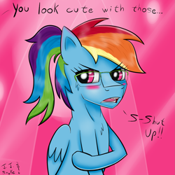 Size: 1889x1889 | Tagged: safe, artist:jj-snake, derpibooru import, rainbow dash, pegasus, pony, blushing, cute, glasses, i'm not cute, ponytail, solo, tsunderainbow